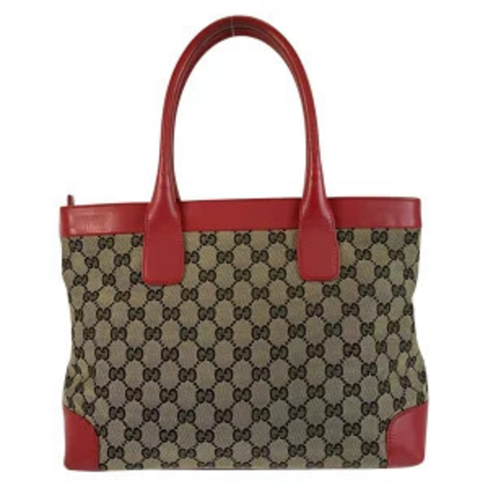 Gucci GG Beige Red Bag Handbag Leather Canvas Tote Tan Red
